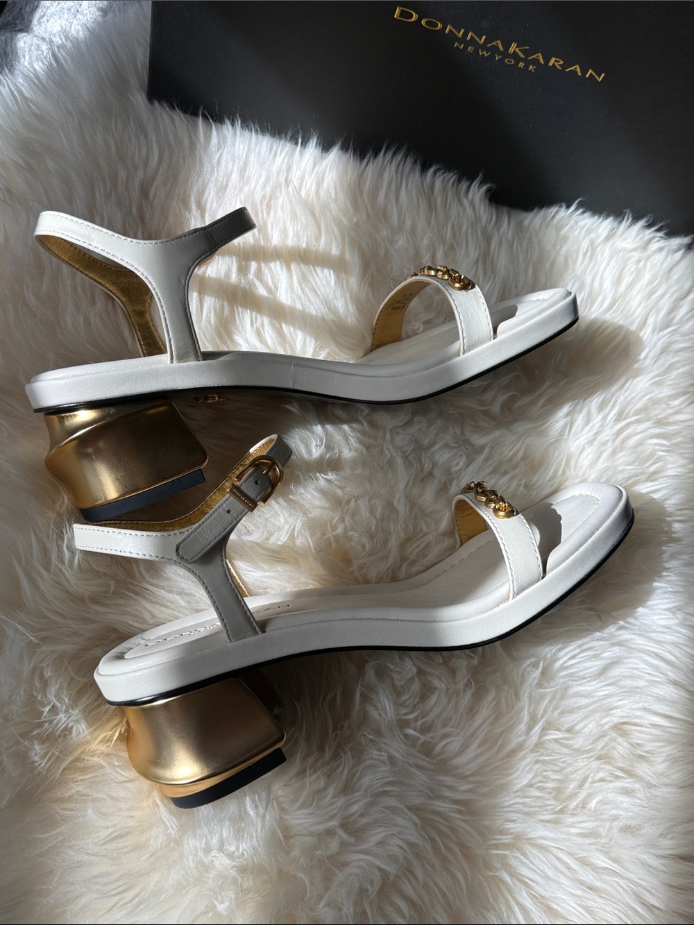 Donna Karan Cream Leather Sandals with Gold Chain Accent